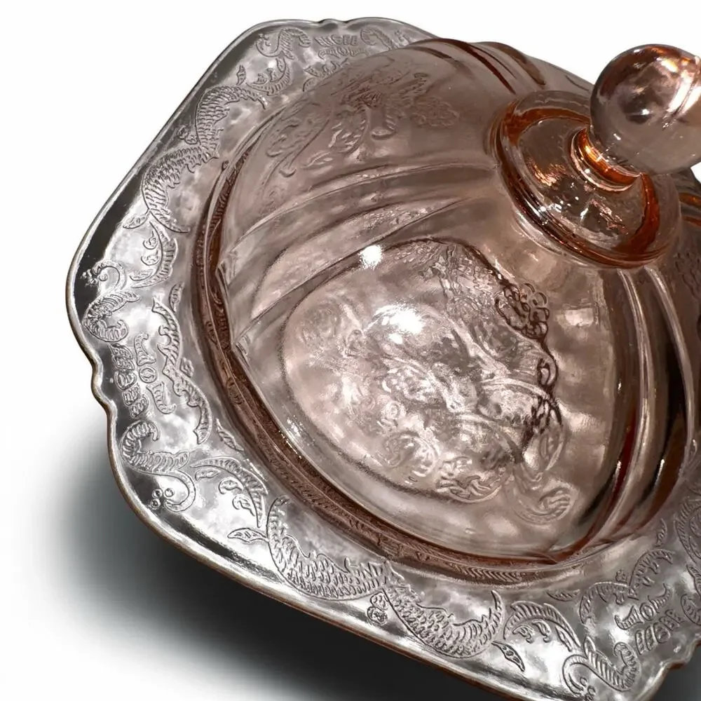 Pink Glass Covered Butter Dish | Vintage Style Floral Etched Serving Dish